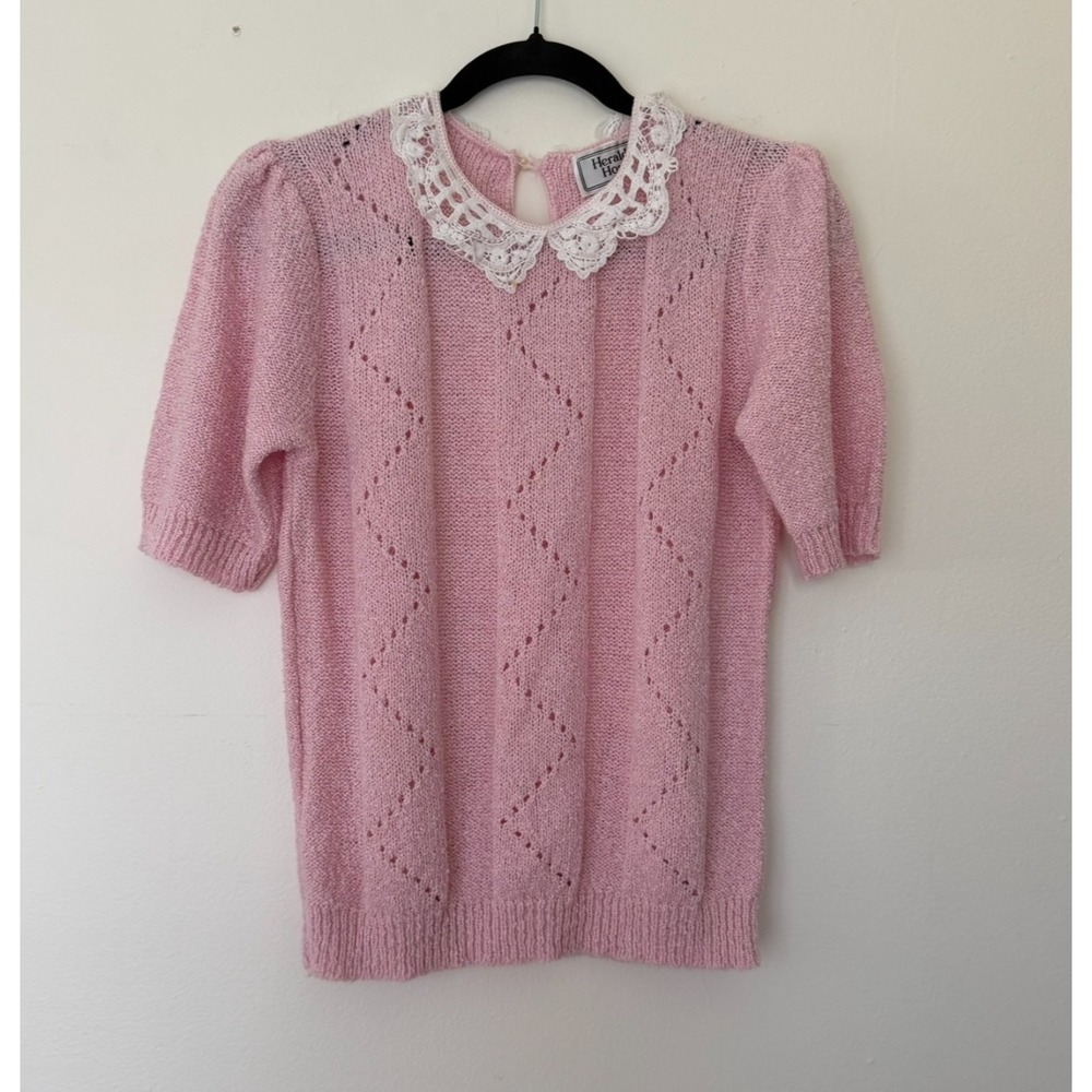 Vtg 90s Herald House Pink Knit Top Lace Collar Coquette Shabby Chic Short Sleeve